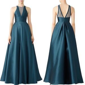 ML Monique Lhuillier Teal Blue Sleeveless Satin Open Back Evening Dress Size 6